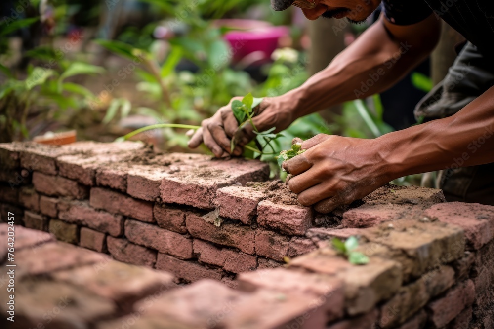 Fototapeta premium Experienced male builder carefully constructing sturdy red brick wall using trowel and brick