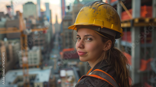 A portrait of a young construction worker woman wearing a safety helmet against a backdrop of city buildings under construction. The image exudes determination and progress. © P