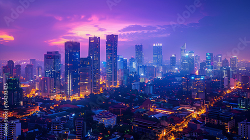 the breathtaking beauty of an urban skyline at dusk, with tall skyscrapers illuminated by the warm glow of the setting sun, creating a picturesque urban landscape.