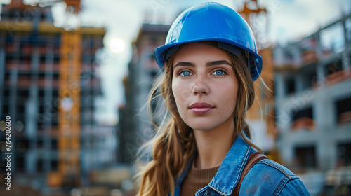 A portrait of a young construction worker woman wearing a safety helmet against a backdrop of city buildings under construction. The image exudes determination and progress.