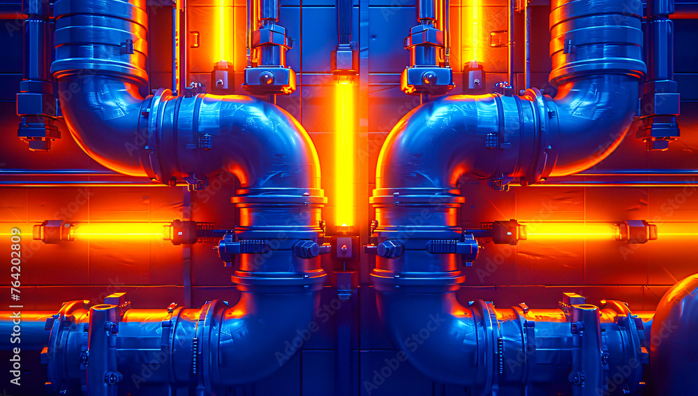 Industrial piping system with a focus on steel tubes and valves, illustrating the backbone of energy and manufacturing sectors - obrazy, fototapety, plakaty 