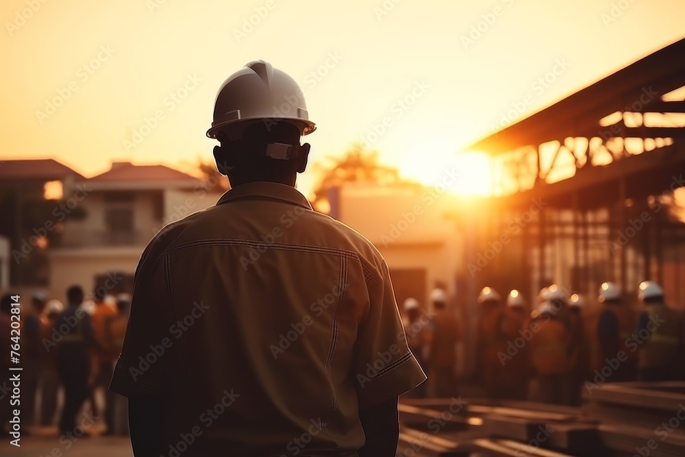 Engineer and construction team silhouette working at sunset site for industry background