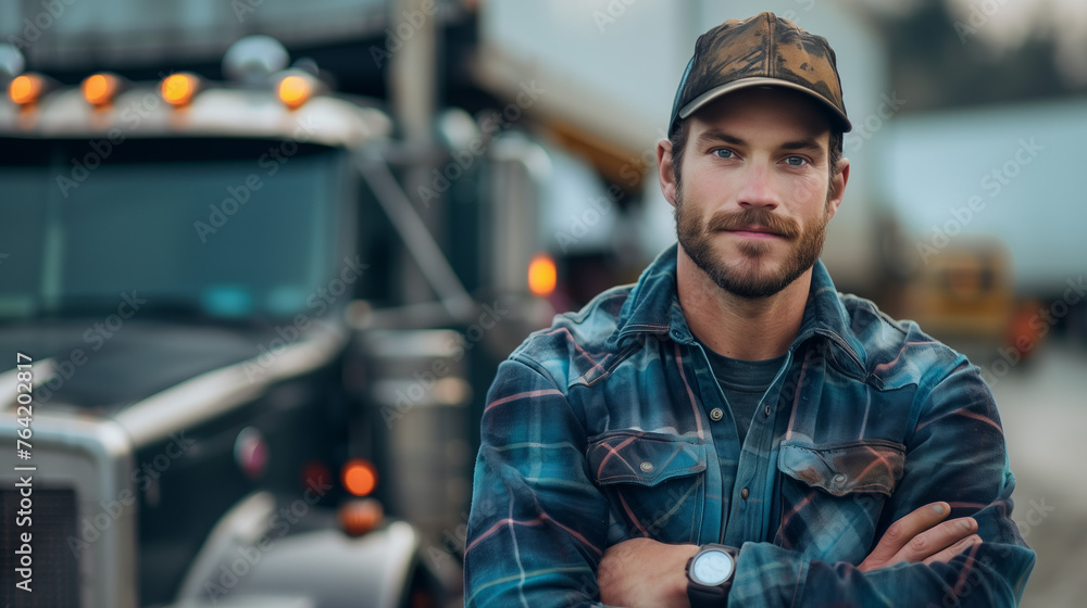 young male truck driver standing confidently in front of his truck, arms crossed and wearing a hat, symbolizing the resilience of the transportation industry. young male truck driver standing confidently in front of his truck, arms crossed and wearing a hat, symbolizing the resilience of the transportation industry.