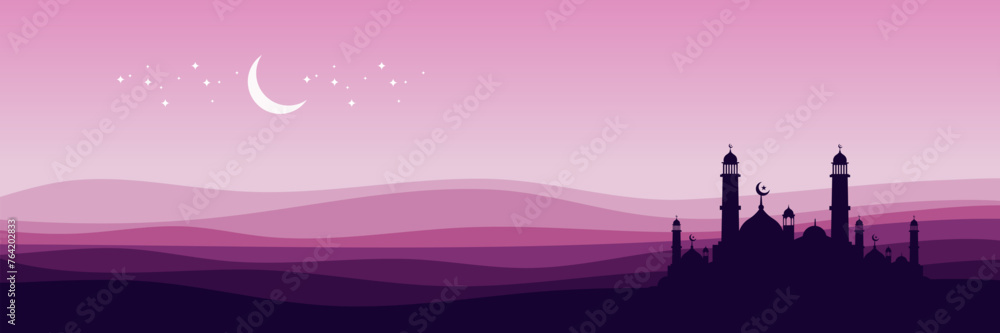 islamic religion arabian moon night sky vector illustration with mosque silhouette ramadan good for web banner, ads banner, booklet, wallpaper, background template, and advertising - obrazy, fototapety, plakaty 
