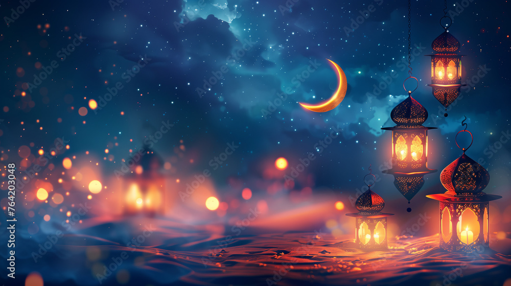 An illustration banner background celebrating Ramadan Kareem adorned with Islamic crescent and lantern symbols, illuminated by the moon and soft light, evoking the sacred atmosphere of the holy month.