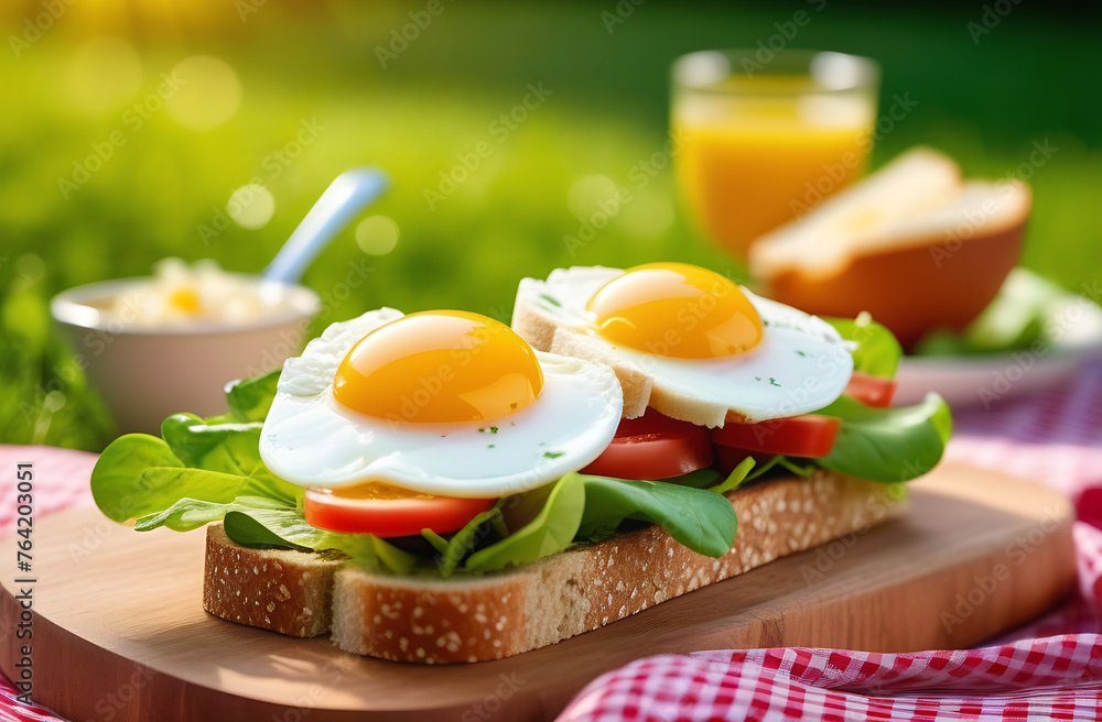 Two fried eggs on the bread with tomatoes and lettuce on a wooden board. Picnic in the park in summer. The concept of outdoor recreation and food Two fried eggs on the bread with tomatoes and lettuce on a wooden board. Picnic in the park in summer. The concept of outdoor recreation and food