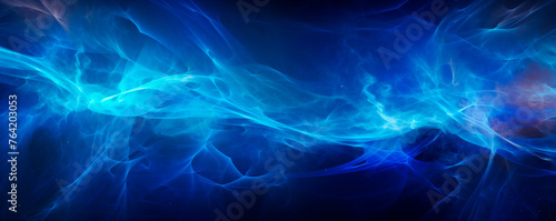 A blue abstract background with swirling patterns against a solid black background, creating a stark contrast between the two colors. Energy and Dynamics. Blue and blue particles. Banner. Copy space