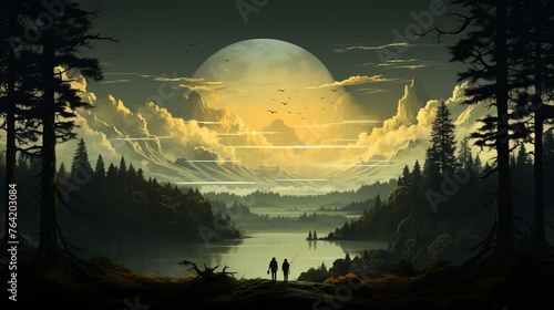 silhouettes of people and landscape of the valley
Concept: nature and meditation, travel and adventure. artistic fantasy games. travel agencies and eco #764203084