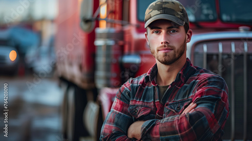 young male truck driver standing confidently in front of his truck, arms crossed and wearing a hat, symbolizing the resilience of the transportation industry. © P