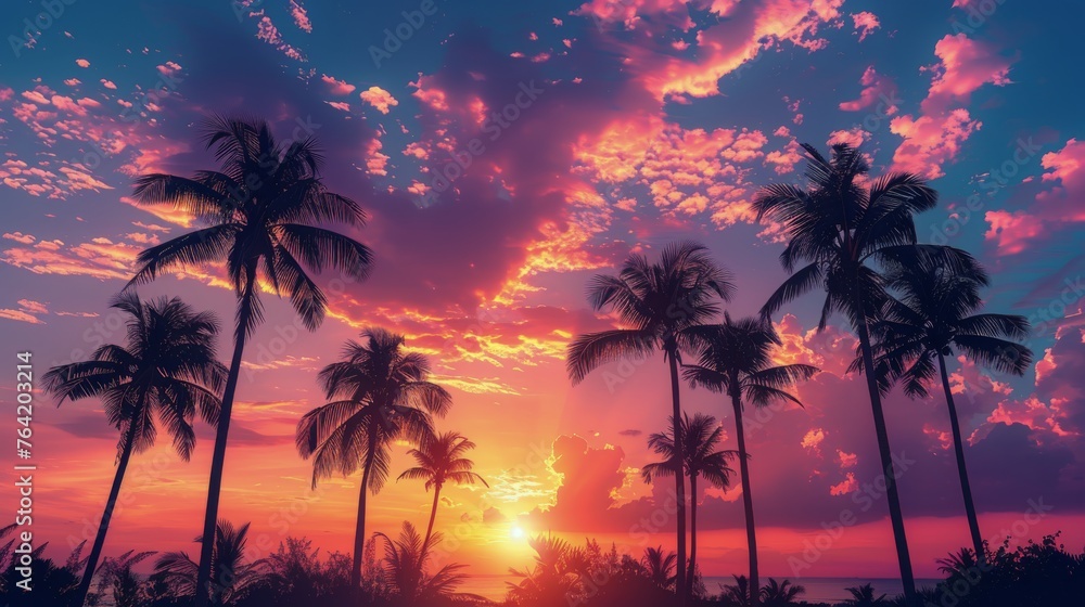 Vibrant Sunset With Palm Trees and Ocean