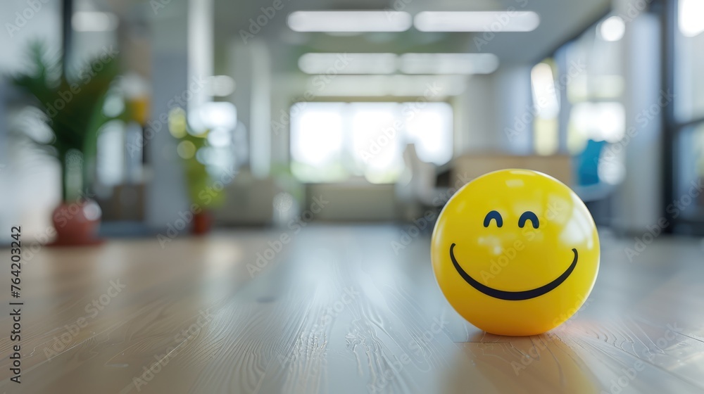 Cheerful yellow smiley face stress ball on office desk promoting workplace positivity and mental health - AI generated Cheerful yellow smiley face stress ball on office desk promoting workplace positivity and mental health - AI generated