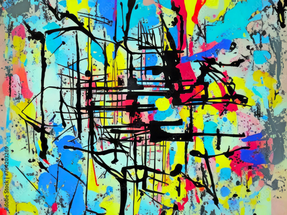 Naklejka premium Messy colorful random paint drop with overlay of a crossing pattern of rough black straight lines. Obscure abstract art background 