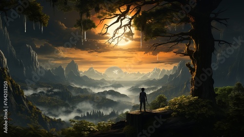 silhouettes of people and landscape of the valley
Concept: nature and meditation, travel and adventure. artistic fantasy games. travel agencies and eco #764203250
