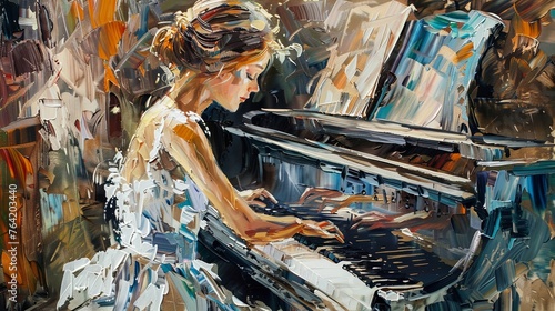 girl playing piano painting