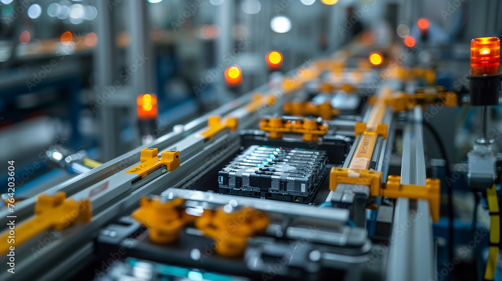 A close-up view of a mass production assembly line of electric vehicle battery cells, highlighting the precision and efficiency of modern technology. A close-up view of a mass production assembly line of electric vehicle battery cells, highlighting the precision and efficiency of modern technology.