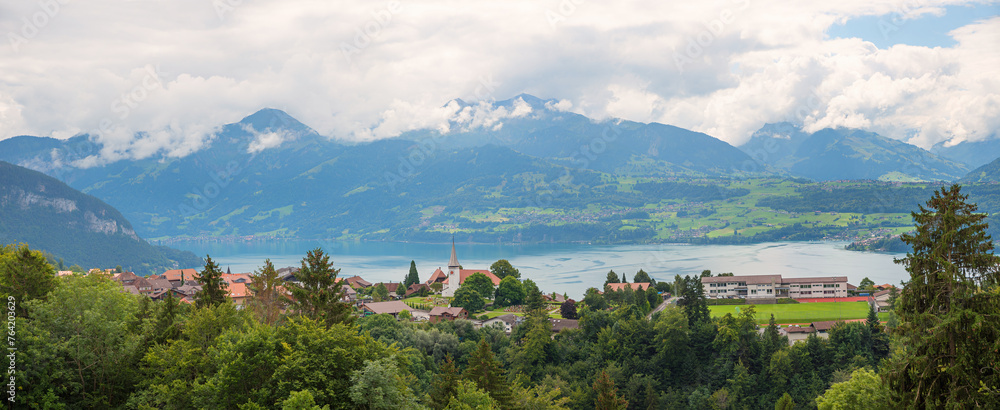 view to Sigriswil tourist resort and lake Thunersee, Bernese Alps landscape