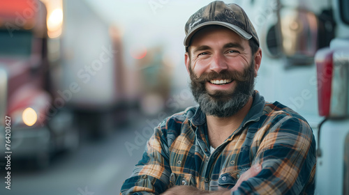  young male truck driver standing confidently in front of his truck, arms crossed and wearing a hat, symbolizing the resilience of the transportation industry photo