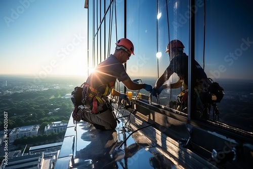 Two men, industrial rope access technicians, standing confidently at the summit of a tall building. They seem to be inspecting or installing something, appearing focused and professional in their work
