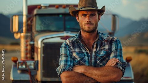  young male truck driver standing confidently in front of his truck, arms crossed and wearing a hat, symbolizing the resilience of the transportation industry