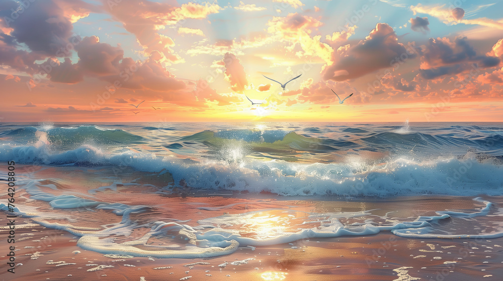 a serene beach scene at sunset, with gentle waves lapping against the shore, seagulls flying overhead, and vibrant hues painting the sky, representing a moment of serenity and calmness.