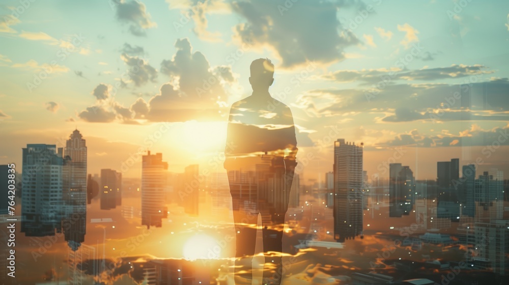 Businessman and cityscape blend in captivating double exposure photography