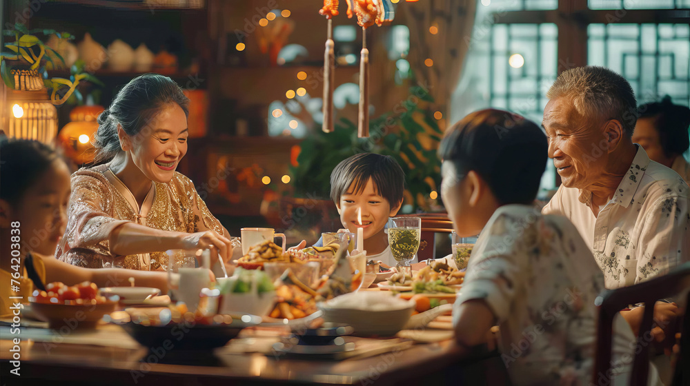 Happy asian family eating together healthy food at home - Grandparents and grandchildren eating dinner - Models by AI generative - obrazy, fototapety, plakaty 