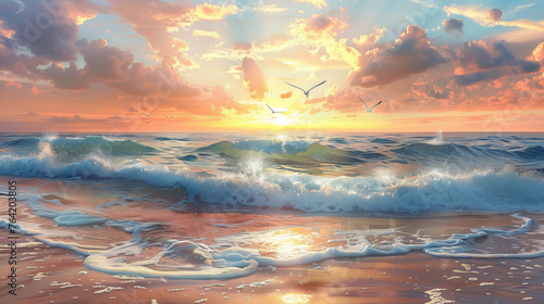 a serene beach scene at sunset, with gentle waves lapping against the shore, seagulls flying overhead, and vibrant hues painting the sky, representing a moment of serenity and calmness. photo