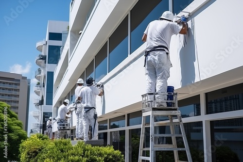 A group of painters repainting the exterior of a high-rise office building