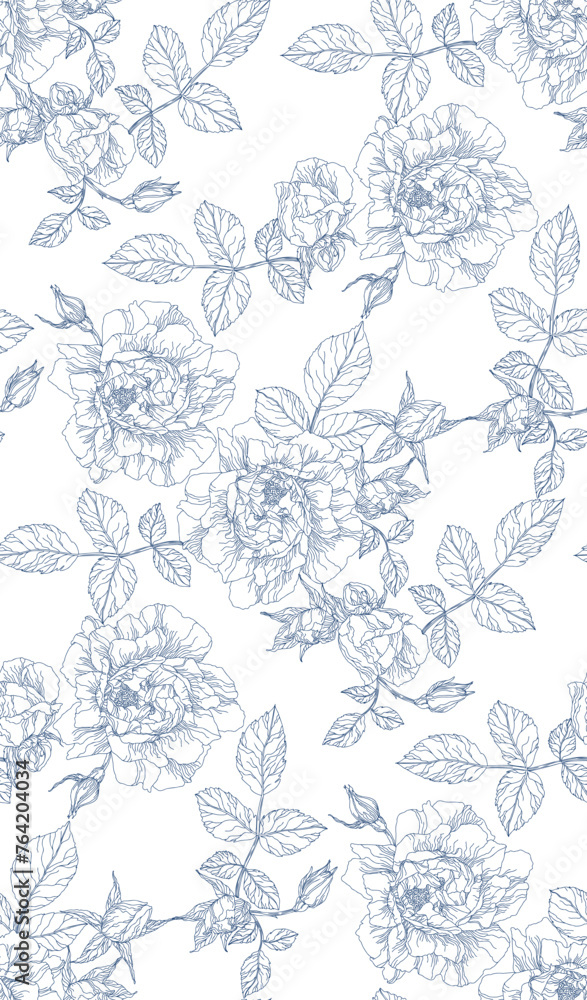 Flowers and leaves roses in vintage style, seamless pattern.	