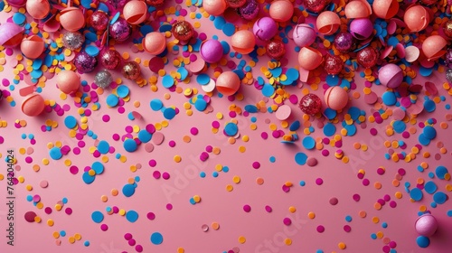 Vibrant Confetti and Streamers on Pink Background