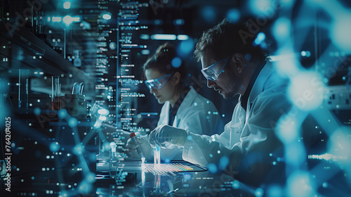 A team of scientists working together in a laboratory, conducting experiments and analyzing data, showcasing collaboration and innovation in scientific research