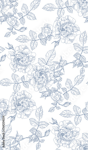 Flowers and leaves roses in vintage style, seamless pattern.  © Lana