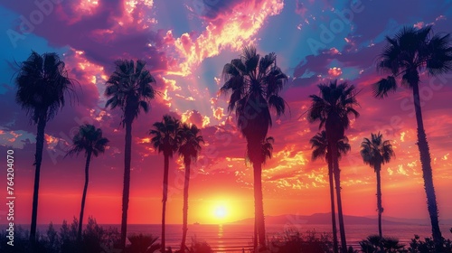 Vibrant Sunset With Palm Trees and Ocean