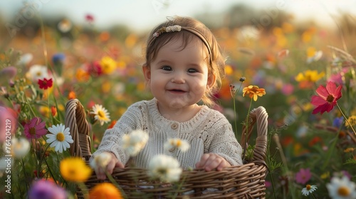Little Girl Sitting in Field of Flowers