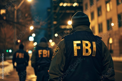 FBI agents walking on city street for a raid photo