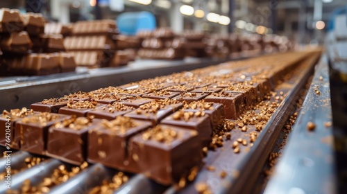 Row of Chocolate Bars on Conveyor Belt © olegganko