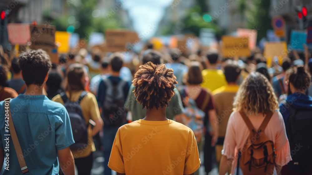 Abstract background of Advocate for social justice, equality, and unity in the face of adversity with a crowd of people marching together in solidarity, holding signs and banners.  - obrazy, fototapety, plakaty 