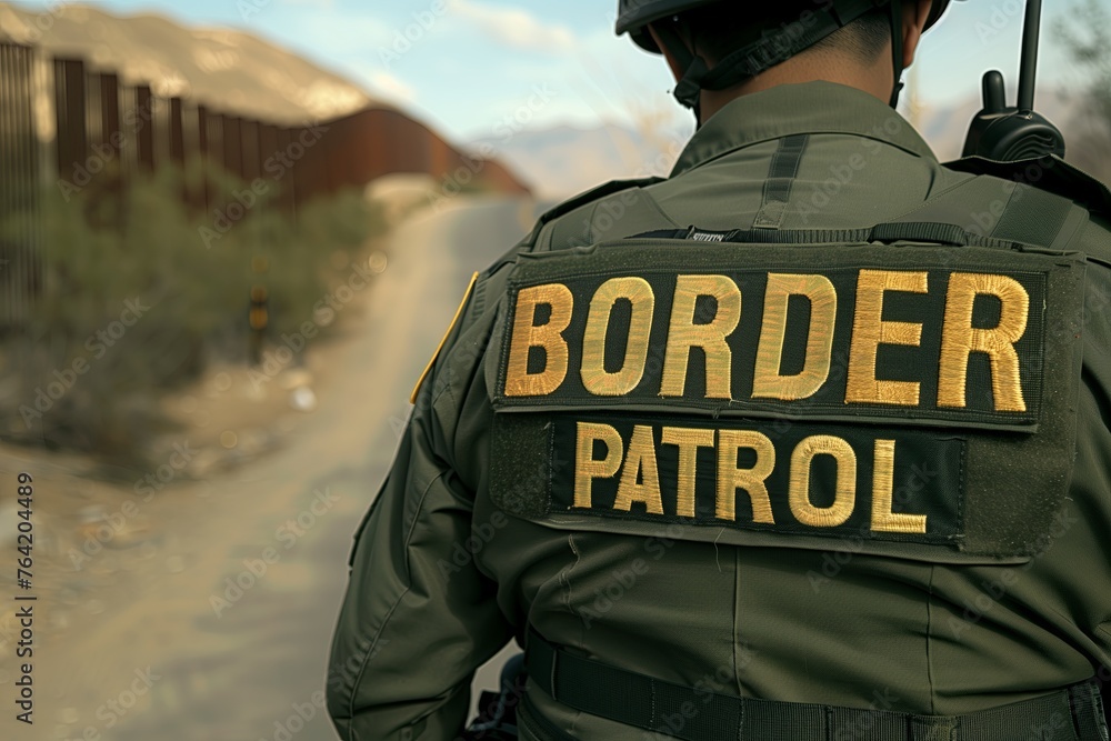 Border patrol officers walking along border - obrazy, fototapety, plakaty 