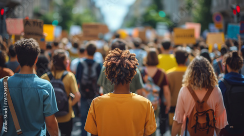 Abstract background of Advocate for social justice, equality, and unity in the face of adversity with a crowd of people marching together in solidarity, holding signs and banners. 