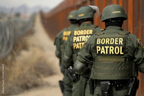 Border patrol officers walking along border photo
