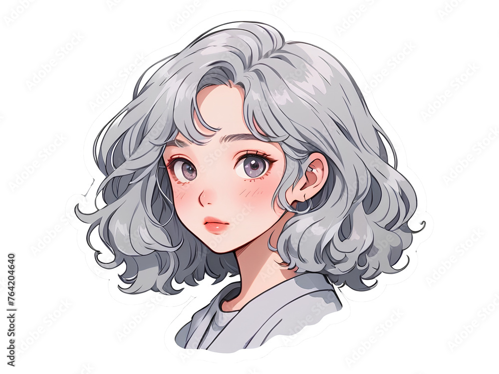 Beautiful cartoon anime girl with gray curly hair and gray eyes sticker with white border Beautiful cartoon anime girl with gray curly hair and gray eyes sticker with white border
