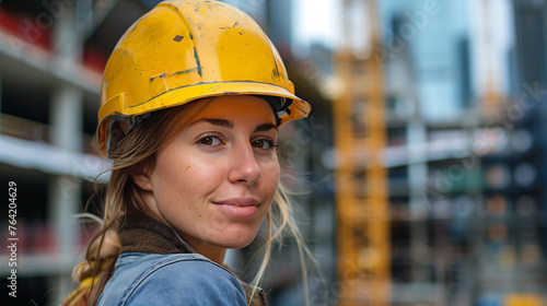 A portrait of a young construction worker woman wearing a safety helmet against a backdrop of city buildings under construction.