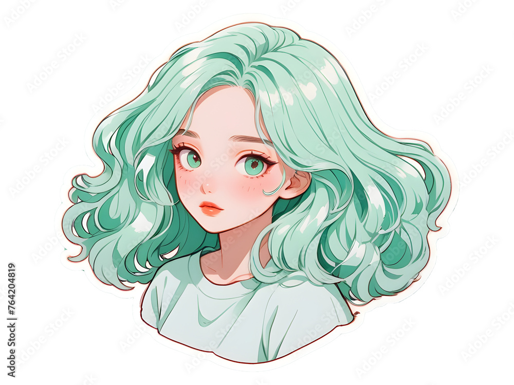 Beautiful cartoon anime girl with mint curly hair and green eyes sticker with white border	
