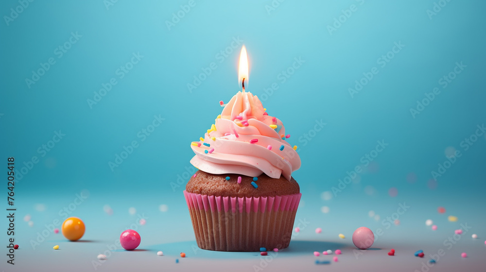 Delicious birthday cupcake with canadle on color background.