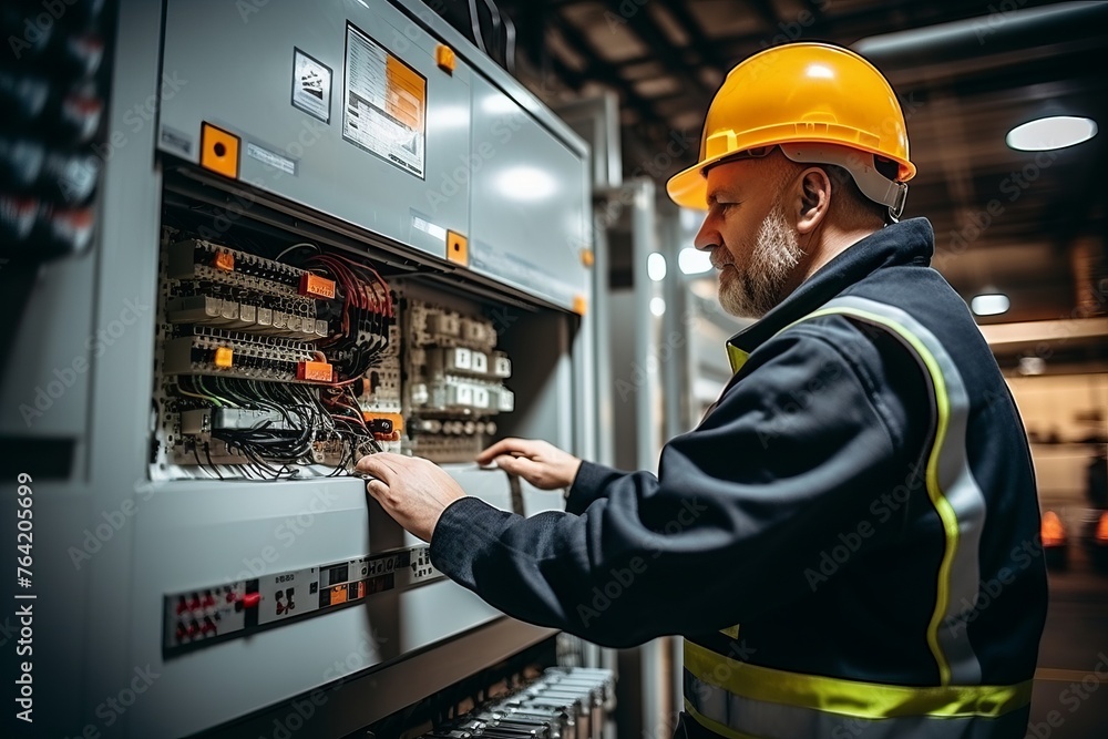A man in a hard hat is focused on calibrating and programming an electrical panel, ensuring its proper functionality and safety A man in a hard hat is focused on calibrating and programming an electrical panel, ensuring its proper functionality and safety