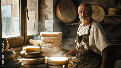  Italian cheese maker with his stacks of made chees.