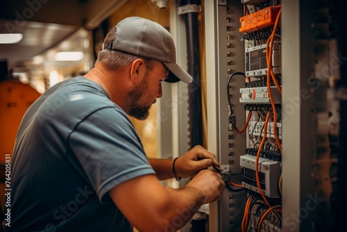 A professional electrician is carefully installing a new circuit breaker in a buildings electrical panel. Wires, tools, and safety equipment are visible in the background