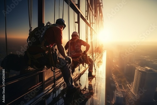 Brave industrial alpinists hanging from harnesses to clean windows on a skyscraper