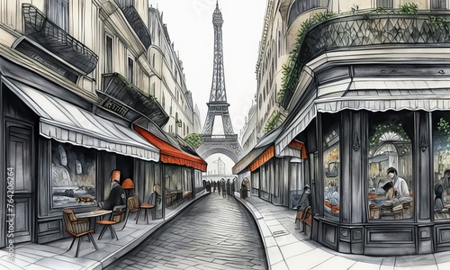Plano de fundo, Paris, ilustração com prédios históricos, torre Eiffel, cartão postal, ilustração gerada com ia photo