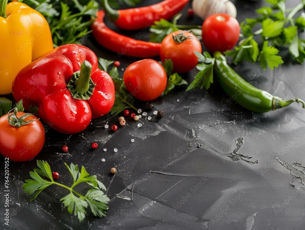 Fresh Organic Vegetables on Dark Slate Background for Gourmet Cooking Fresh Organic Vegetables on Dark Slate Background for Gourmet Cooking